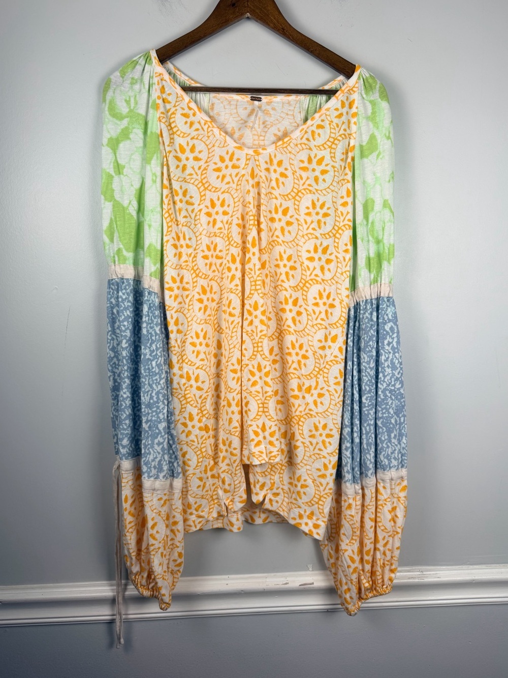 Free people multicolor pattern linen blend drawstring sleeve top size large